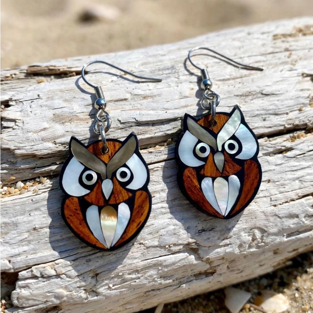 Owl Earrings - Wood Troca & Mother of Pearl Inlay - Handmade Boho Dangle